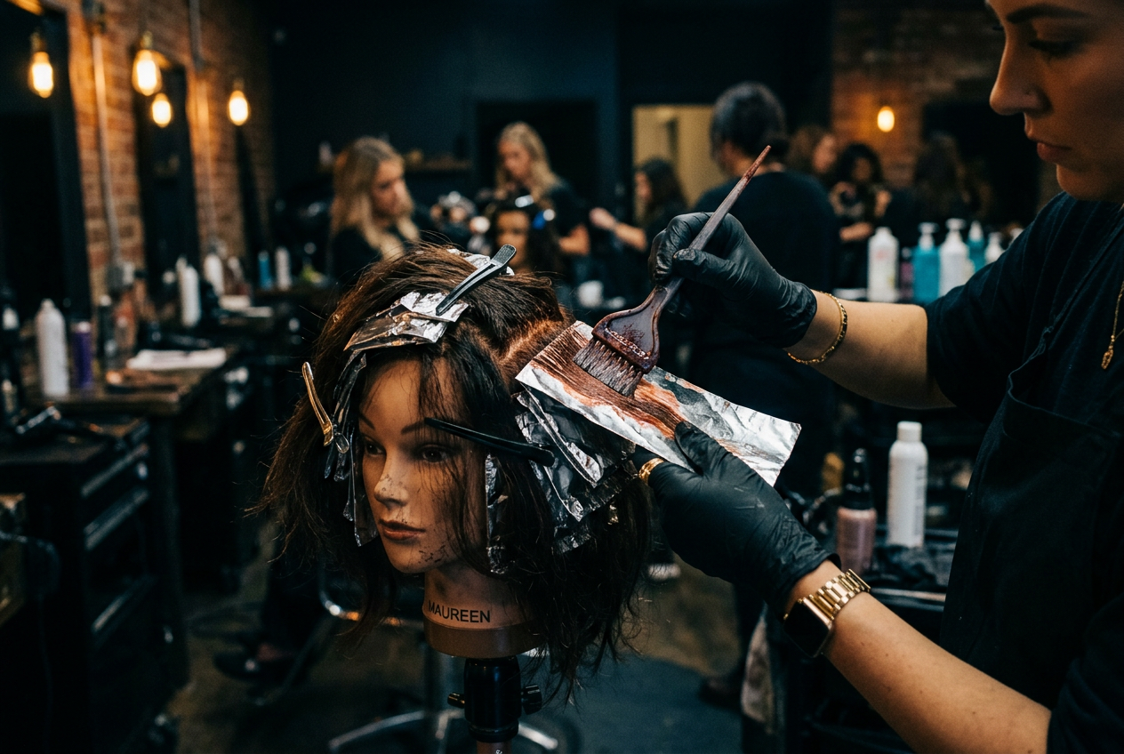 Gloved hands applying color with a brush and foils on a mannequin head