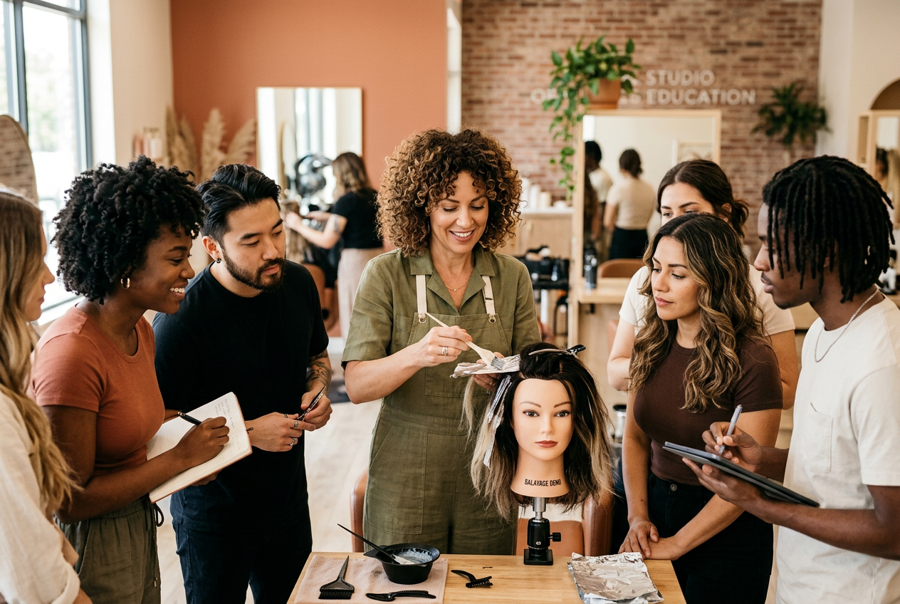 A woman educator demonstrating balayage on a mannequin while a mixed group of men and women stylists lean in to watch